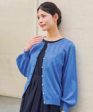 Tiaclasse 【洗える】透かし柄ニットコンビカーディガン ブルー