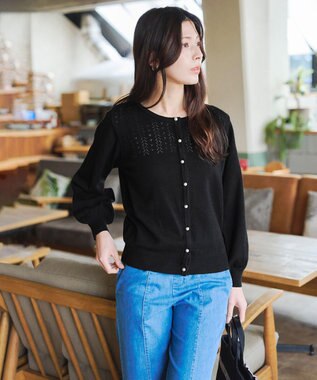 Tiaclasse 【洗える】透かし柄ニットコンビカーディガン ブラック