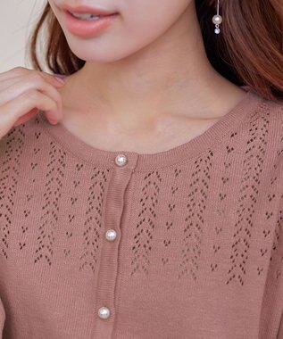 Tiaclasse 【洗える】透かし柄ニットコンビカーディガン ピンク