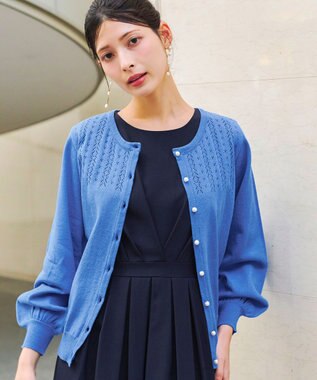 Tiaclasse 【洗える】透かし柄ニットコンビカーディガン ブルー