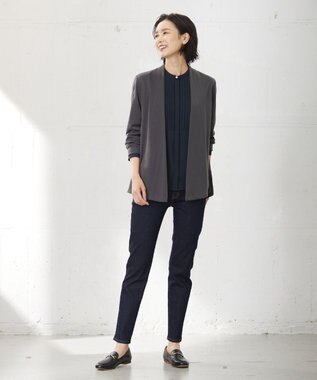 J.PRESS LADIES 【洗える】ヌーディスバックサテン バンドカラー ブラウス ネイビー系