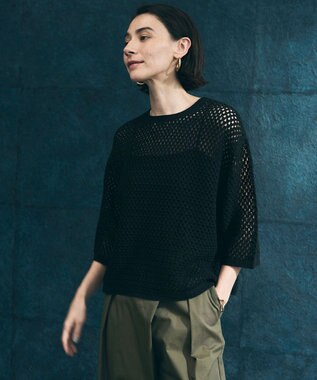 UNFILO L クロシェレースニット ハーフスリーブ プルオーバー ブラック