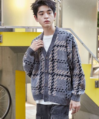 WEGO ベロアモールパターンカーディガン グレーチェック1