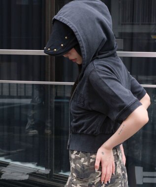 WEGO ヴィンテージウォッシュロゴ半袖パーカー スミクロ