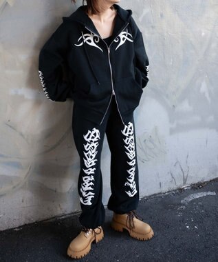 WEGO 【裏起毛/セットアップ対応】グラフィック裏起毛ZIPビッグパーカー ブラック