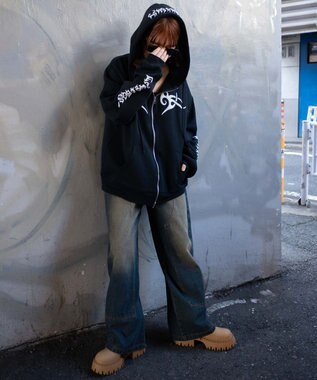 WEGO 【裏起毛/セットアップ対応】グラフィック裏起毛ZIPビッグパーカー ブラック