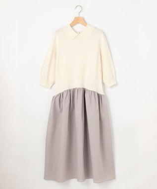 組曲 襟付きドッキング ニットワンピース ベージュ系