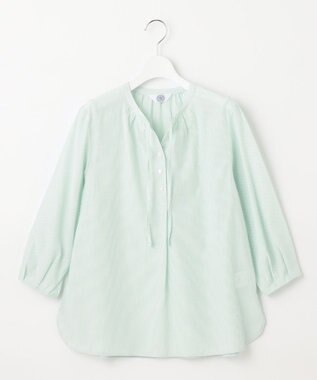 J.PRESS LADIES 【洗える】コットンアセVis ストライプ ギャザー ブラウス ライトグリーン系1