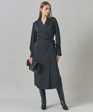 ICB L 【洗える】ストレッチダブルサテン テーラーカラー ラップワンピース ブラック系