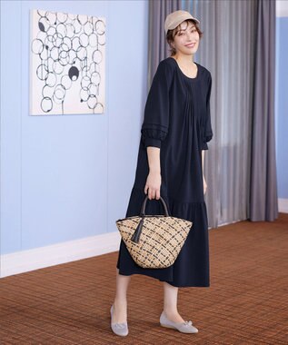 Tiaclasse L 【洗える】パフ袖ピンタックロングワンピース ネイビー