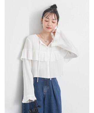 earth music&ecology フリル切替えショートブラウス Off White