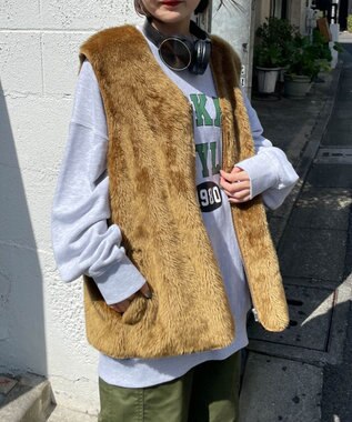 WEGO フェイクファーBIGベスト ブラウン