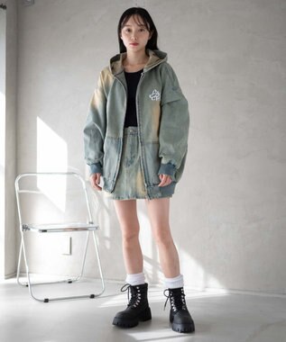 WEGO ヴィンテージウォッシュBIGフードブルゾン デニム淡加工色