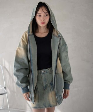 WEGO ヴィンテージウォッシュBIGフードブルゾン デニム淡加工色