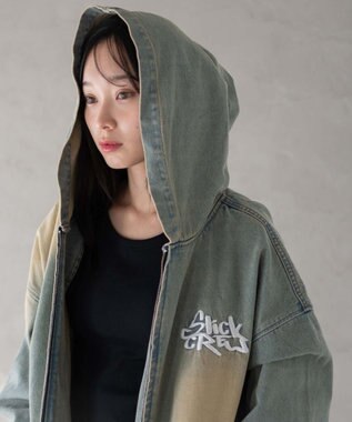 WEGO ヴィンテージウォッシュBIGフードブルゾン デニム淡加工色