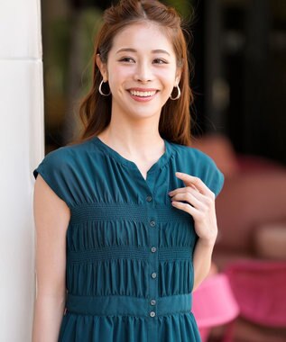 ANY SIS フロントボタンシャーリング ワンピース ダークグリーン