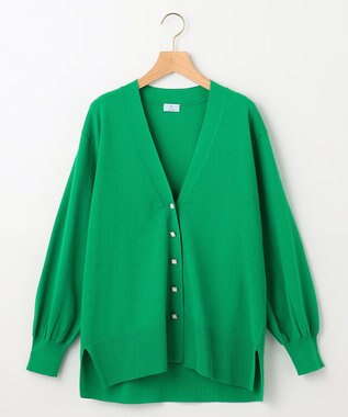 組曲 【ビジューボタン・アンサンブル対応】ハイゲージ ロングVネックカーディガン ダークグリーン系