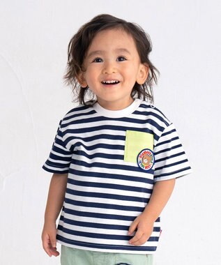 MIKI HOUSE HOT BISCUITS 【80-120cm】 ポケット付き 先染め ボーダー柄 半袖Tシャツ