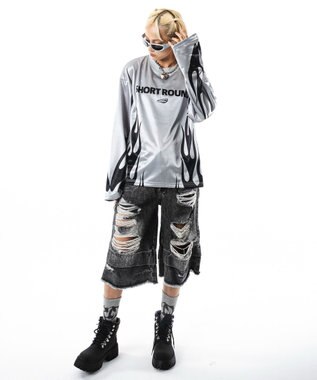 WEGO 【ユニセックス着用ITEM】ファイヤーパターンゲームロゴT（長袖） グレー