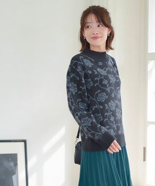 Tiaclasse L 【洗える】フラワージャガードニットトップス ネイビー