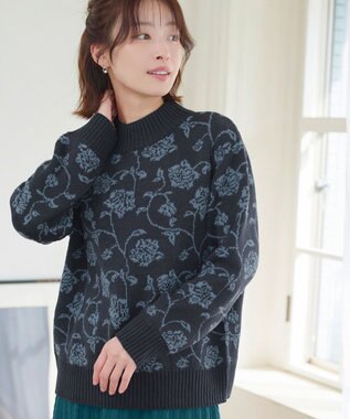 Tiaclasse L 【洗える】フラワージャガードニットトップス ネイビー