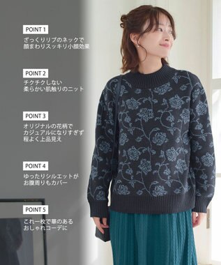 Tiaclasse L 【洗える】フラワージャガードニットトップス ネイビー