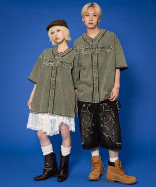 WEGO 【ユニセックス着用ITEM】ベースボールデニムグラフィックシャツ（SS） カーキ