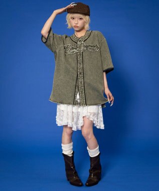 WEGO 【ユニセックス着用ITEM】ベースボールデニムグラフィックシャツ（SS） カーキ