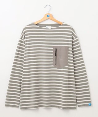 SHARE PARK LADIES 【UNISEX】ボートネックボーダーＴシャツ（S・Mサイズ） グレージュ×オフボーダー