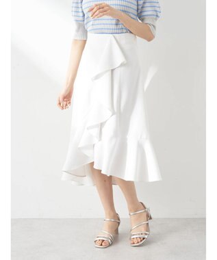 earth music&ecology アシメペプラムフレアバックレースミディ丈スカート White