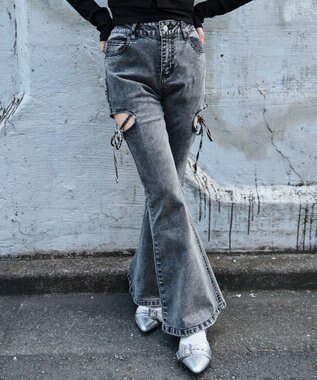 WEGO カットアウトリボンストレッチデニムフレアパンツ デニムブラックソノタ