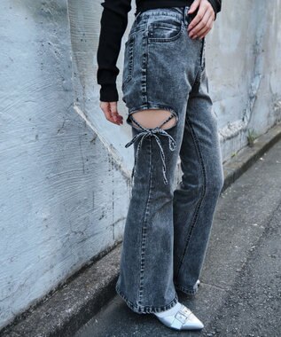 WEGO カットアウトリボンストレッチデニムフレアパンツ デニムブラックソノタ