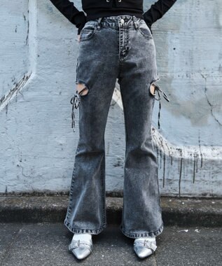 WEGO カットアウトリボンストレッチデニムフレアパンツ デニムブラックソノタ