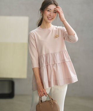 組曲 S 【UVケア・接触冷感・六分袖】ブラウスコンビ ティアードニット ピンクベージュ系