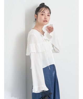 earth music&ecology フリル切替えショートブラウス Off White