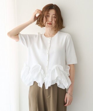 YECCA VECCA パール釦ラッフル5分袖カーディガン Off White