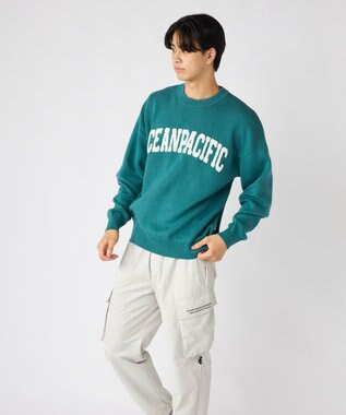 OP／FILA 【ocean pacific】サガラ刺しゅうロゴクルーニット/メンズ ダークブルー