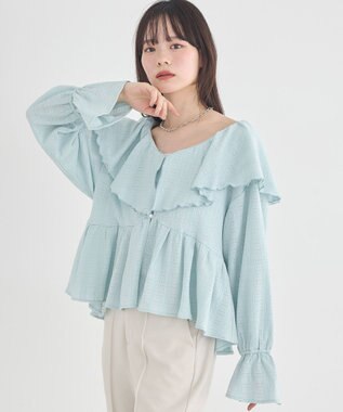 earth music&ecology 【予約】ラッフルカラーカットブラウス サックスブルー