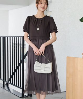 Tiaclasse L バックパールチュールワンピース ブラウン