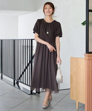 Tiaclasse L バックパールチュールワンピース ブラウン