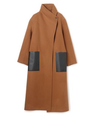 BEIGE， LEMOORE / ウールリバーフェイクレザーポケット付きコート Caramel