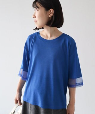 Green Parks 袖チュールドッキングシアー５分袖プルオーバー Blue