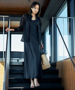 ICB 【洗える】タイルパターンレース バンドカラーシャツ ブラック系