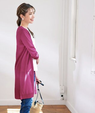 Tiaclasse 【洗える】バックリブプリーツ編みロングカーディガン ピンク