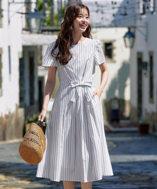 Tiaclasse 【洗える】ストライプアシンメトリーリボンワンピース オフ