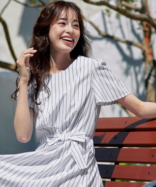 Tiaclasse 【洗える】ストライプアシンメトリーリボンワンピース オフ