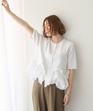 YECCA VECCA パール釦ラッフル5分袖カーディガン Off White
