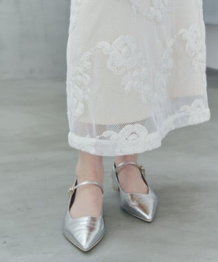 YECCA VECCA フラワー柄刺繍メッシュスカート Ivory