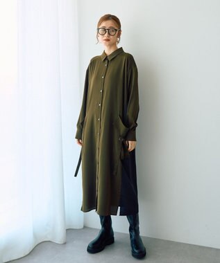 YECCA VECCA カーゴデザイン配色シャツワンピース Khaki