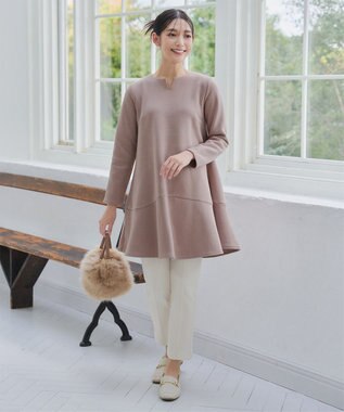 Tiaclasse L 【洗える】裏起毛フレアワンピチュニック グレージュ